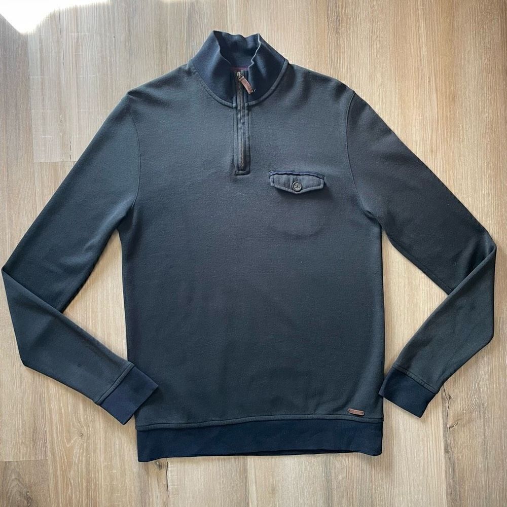Ted Baker Mens Blue Classic 1/4 Zip Long Sleeve Casual Pullover Sweater 3 Small